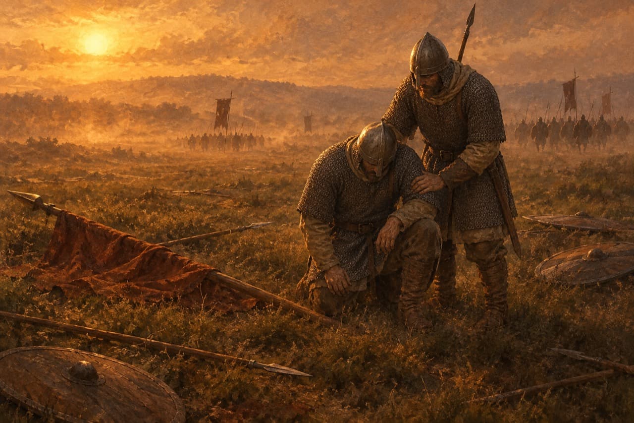 Painted aftermath of a battle at dusk: a kneeling soldier in mail is steadied by a standing companion, fallen banners and discarded shields lie across the trampled field, and distant formations retreat into haze. No wounds or blood are shown.