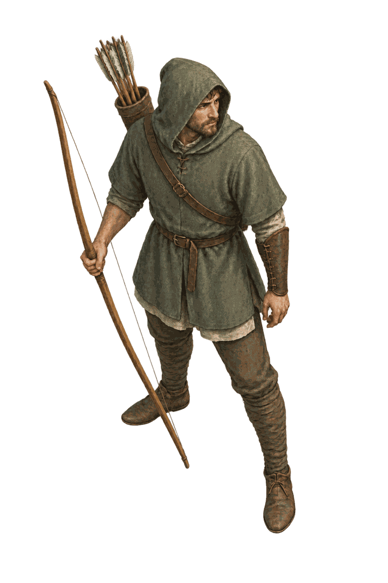 Painted standing figure of an archer: a bearded bowman in a sage-green hood and wool tunic over cream linen, leather bracer laced on the bow forearm, a quiver of pale-fletched arrows slung across his back, and a plain wooden longbow held at his side.