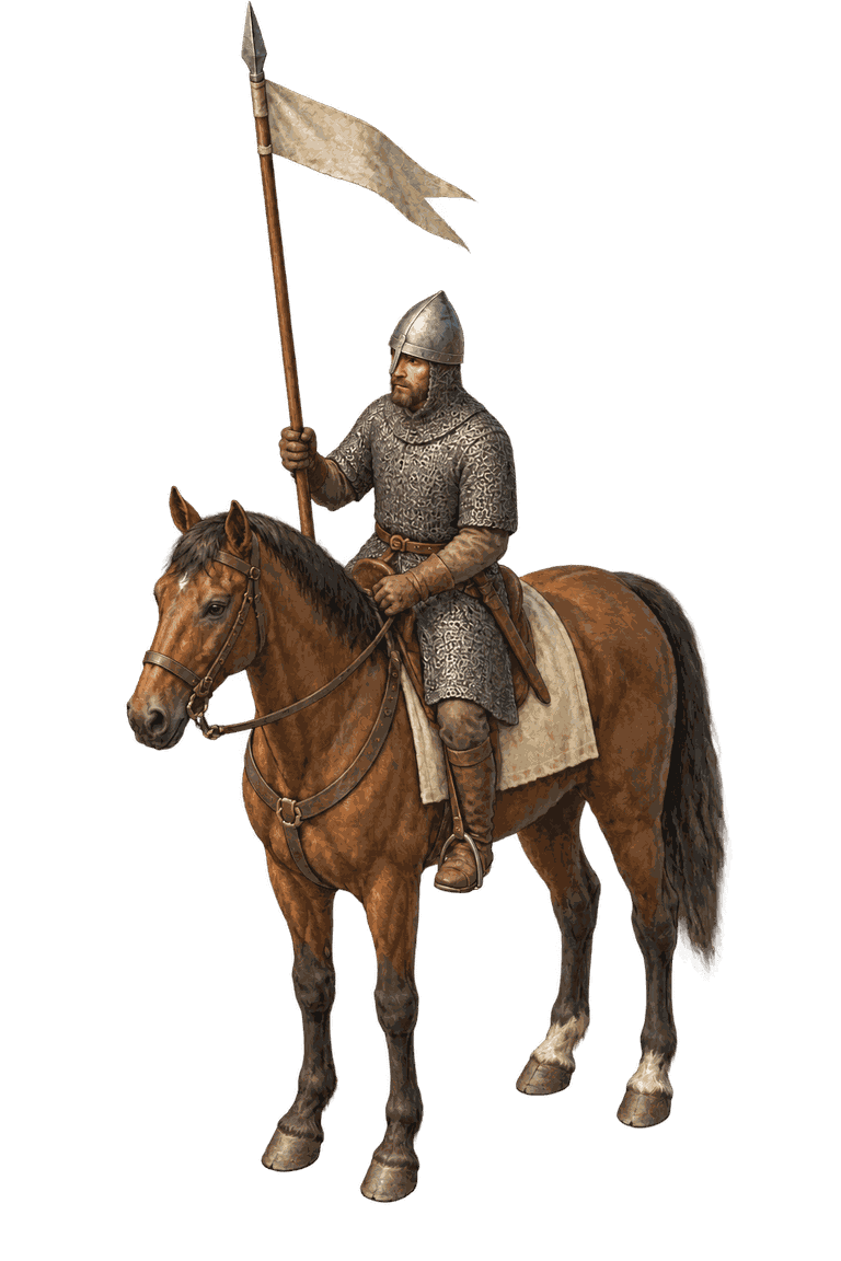 Painted mounted figure: a bearded rider in grey mail hauberk, mail chausses and conical nasal helm seated on a bay horse with dark mane and tail, cream saddle cloth and brown leather tack, holding a lance upright with a plain off-white pennon.