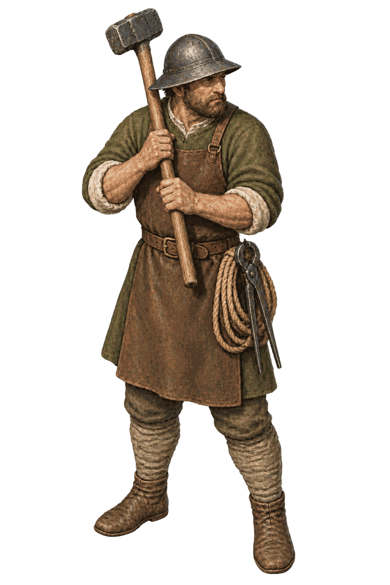 Painted standing figure of an engineer: a stocky bearded craftsman in a steel kettle hat, olive quilted gambeson and brown leather work apron, an iron maul resting over his shoulder, with a rope coil and smith's tongs at his belt.