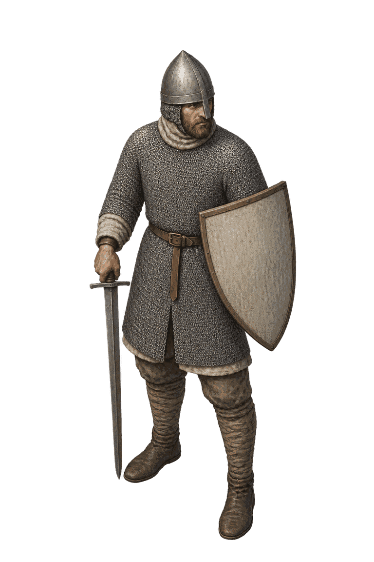 Painted standing figure of a line footman: a bearded soldier in a knee-length grey mail hauberk with mail coif and conical nasal helm, cream arming collar, tan leg wraps and brown boots, a plain off-white shield on his left arm and an arming sword held point-down in his right hand.