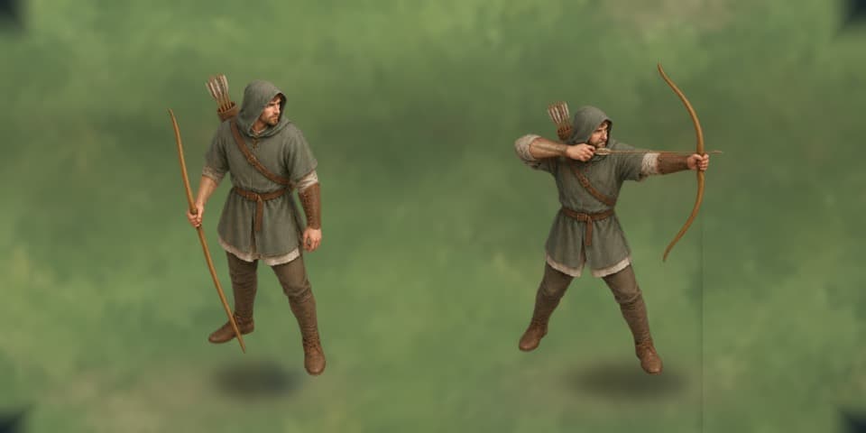 Two painted views of the same archer in an open clearing at a restrained woodland edge: standing ready at left with a longbow held at rest at his side and a quiver slung on his back, and at right at full draw, bow arm extended and string drawn to his cheek.