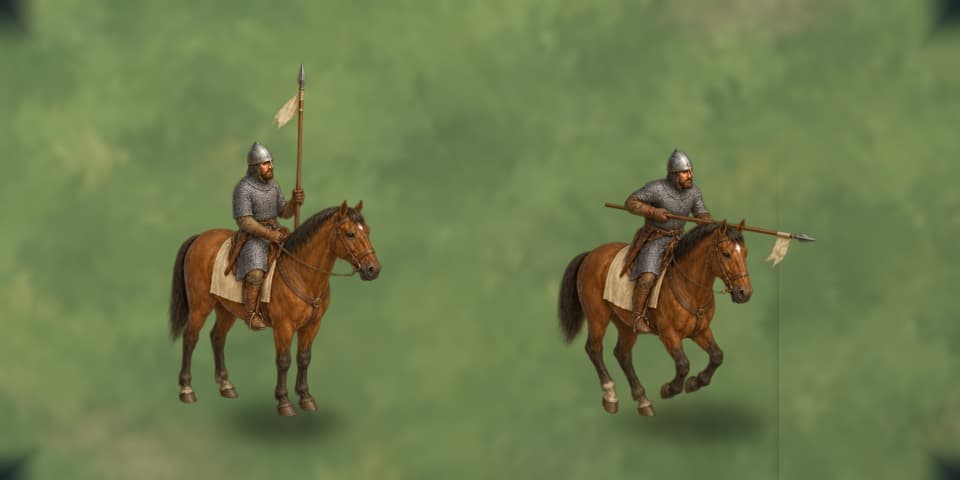 Two painted views of the same mounted rider in grey mail on a bay horse, on open grassland with worn earth: seated ready at left with the lance held upright beside its plain pennon, and charging at right in a couched-lance thrust, the horse driving hard into the charge — the whole horse and rider in both views.