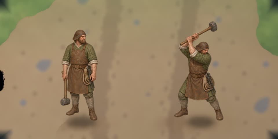Two painted views of the same engineer — a craftsman-soldier in kettle hat, quilted gambeson and work apron — on the packed earth of a siege yard with restrained work details: standing ready at left with rope coil and tongs at his belt, and at right mid-swing with the iron maul raised overhead in a melee strike with tools.