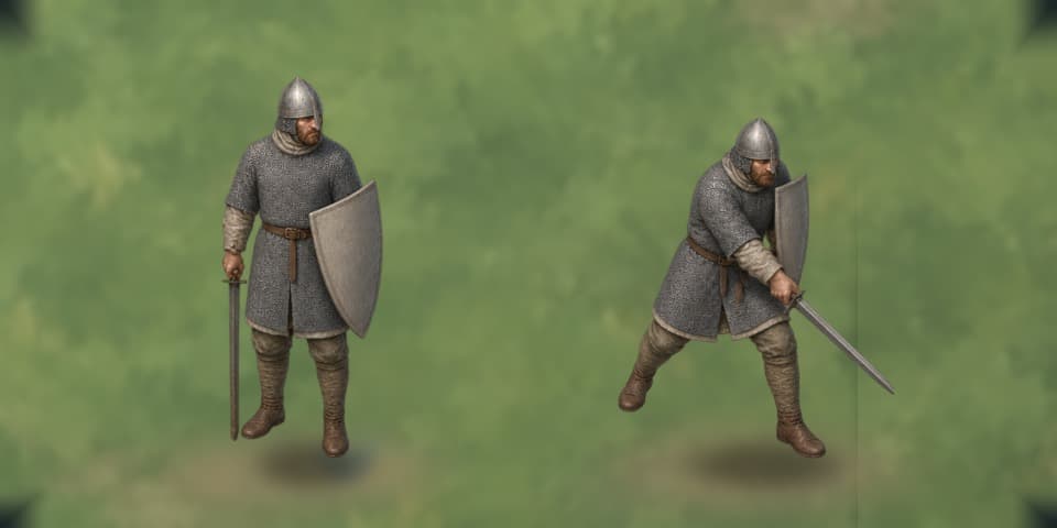 Two painted views of the same line footman on worn grass and firm earth: standing ready at left with a plain off-white shield on his arm and an arming sword held point-down, and lunging through a committed strike at right, sword swung forward and shield pulled high.
