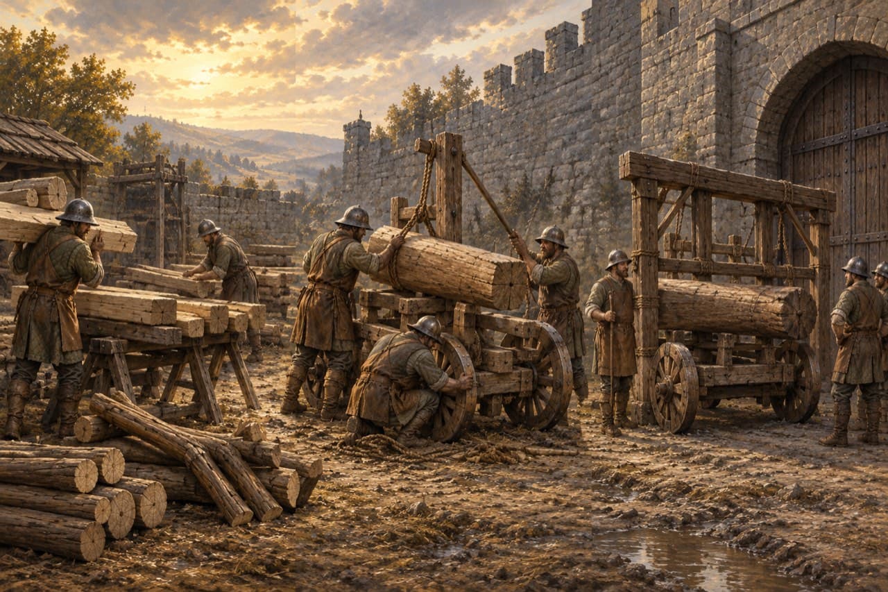 Painted sequence of a battering ram's construction beside a castle wall, in three stages left to right: engineers staging hewn timber and forked supports, fitting the great beam onto its wheeled carriage, and standing with the finished ram ready before the gate.