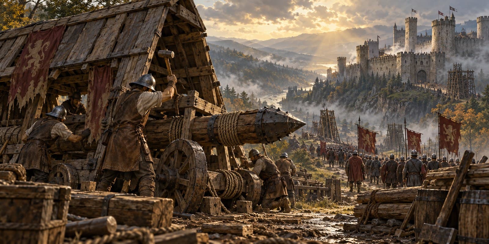 Original painting: an engineer crew fitting a covered timber battering ram, its iron head aimed at a grey stone fortress above the valley, scaffolding below the walls and an army's banners marching up the road under a golden sky.
