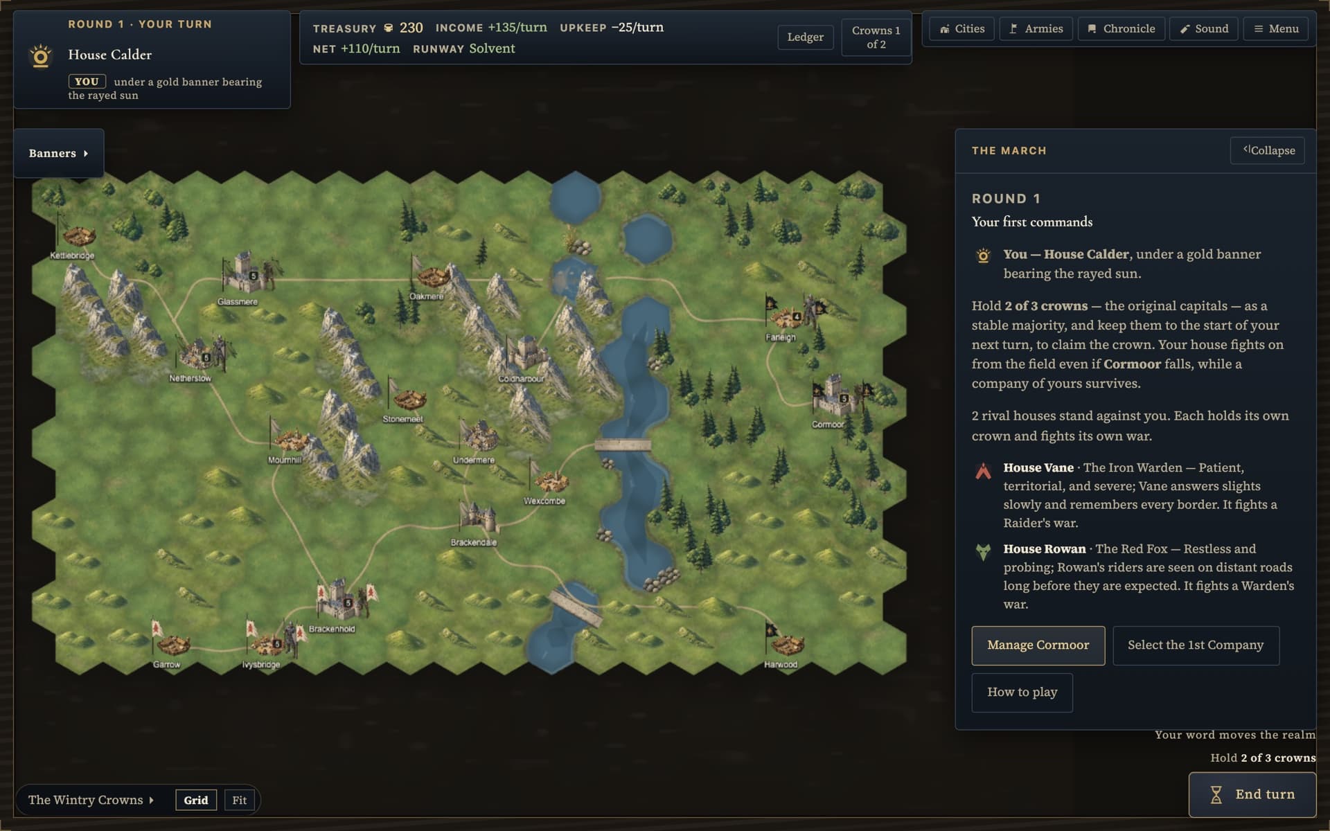 A generated realm on its first turn from the game: a many-settled world with roads and rivers between walled settlements, three houses' banners across it.