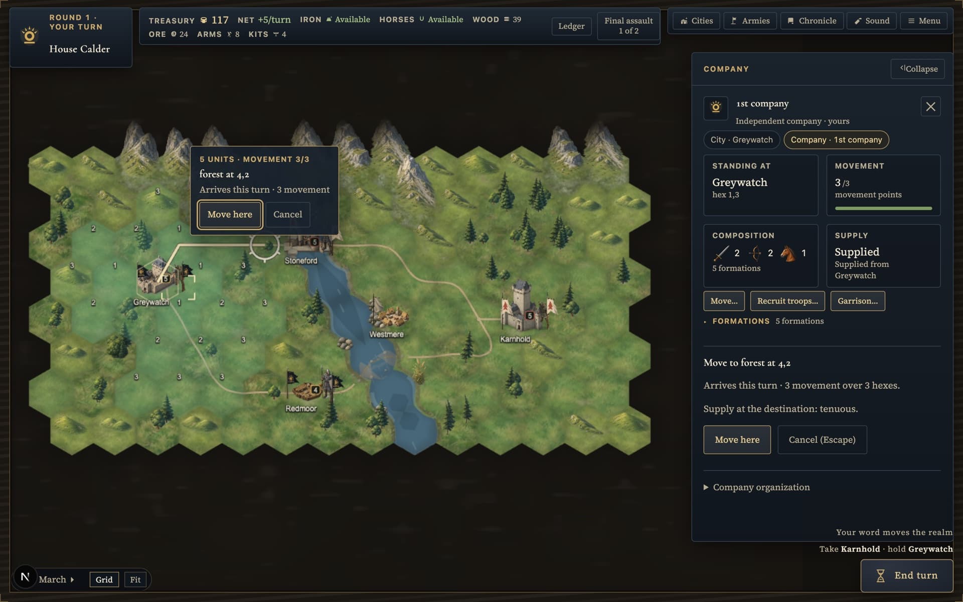 A selected House Calder company on the March campaign map, its planned route drawn as a bright line across road hexes to a destination marker, with the command panel open beside the map showing its troops, movement, and pending march order.