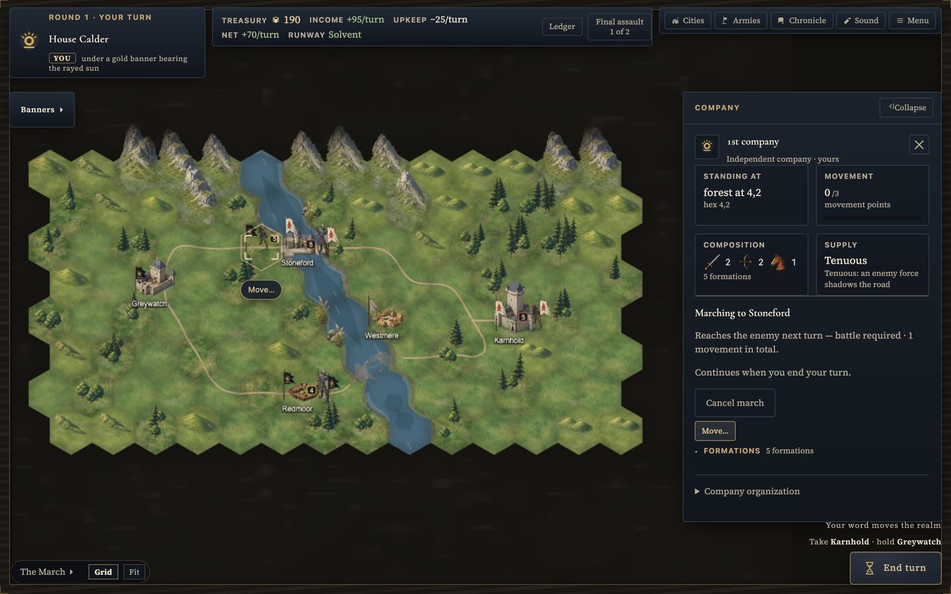 A House Calder company mid-march on the March campaign map: selected in the forest west of the river, its standing order aimed at enemy-held Stoneford across the water, and the company panel open beside the map reading Marching to Stoneford — the march continues when you end your turn, with a Cancel march command.