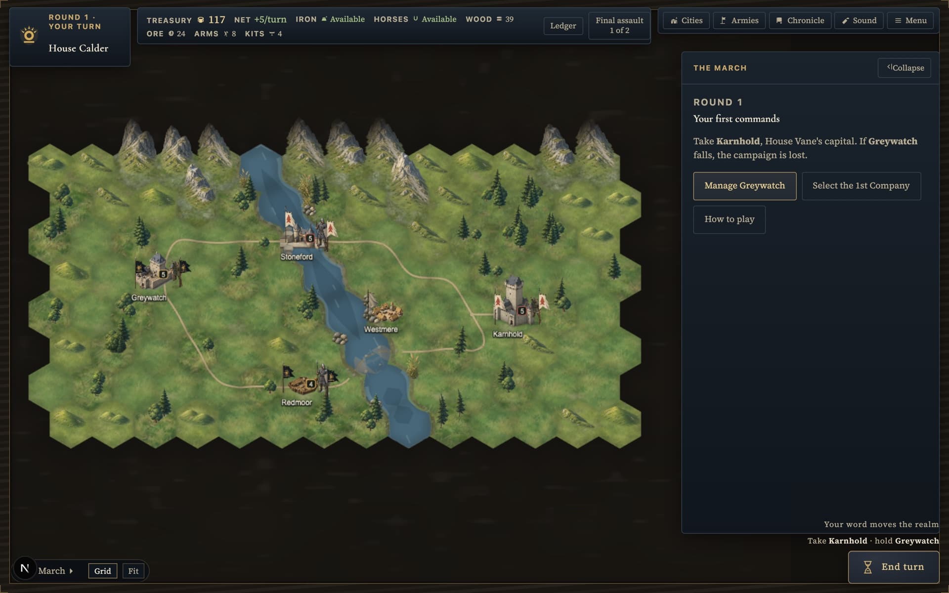The March campaign map at fit view: the river Mor dividing the region, roads threading between walled settlements, with Greywatch, Karnhold, and the ownership banners of both houses legible.