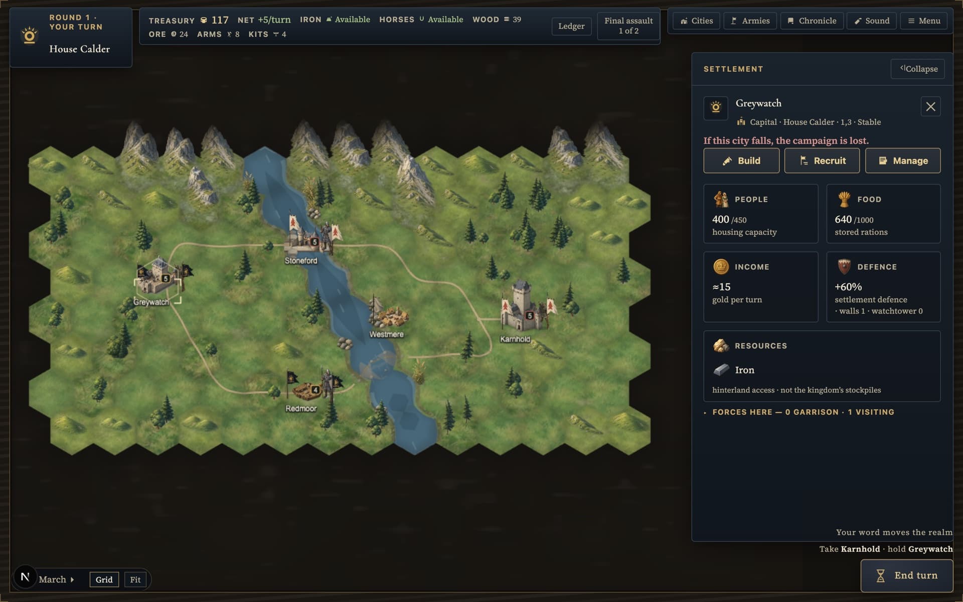 Greywatch, the House Calder capital, selected on the campaign map with its command panel open over the terrain — people, food, income, and defence readings above the Build, Recruit, and Manage commands.