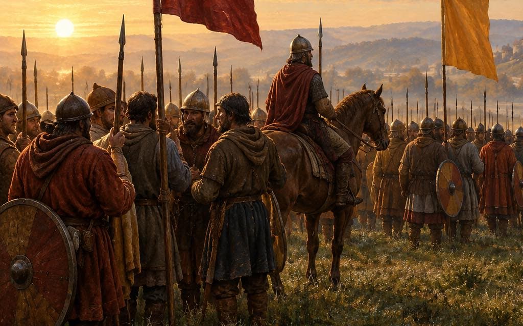 Original painting: footmen forming ranks on a morning muster field, a mounted sergeant in a red cloak before them, plain crimson and gold standards rising overhead, the low sun at left, and a walled town beyond the haze.
