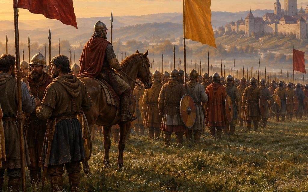 Original painting: footmen forming ranks on a morning muster field, a mounted sergeant in a red cloak before them, plain crimson and gold standards rising overhead, the low sun at left, and a walled town beyond the haze.