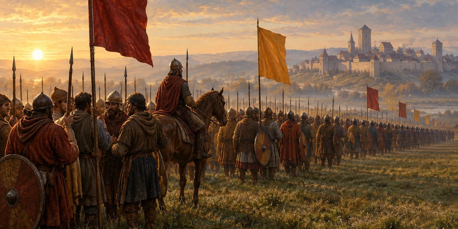 Original painting: footmen forming ranks on a morning muster field, a mounted sergeant in a red cloak before them, plain crimson and gold standards rising overhead, the low sun at left, and a walled town beyond the haze.