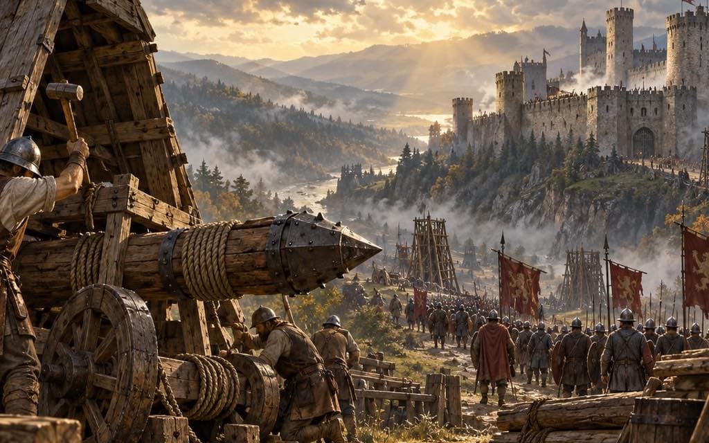 Original painting: an engineer crew fitting a covered timber battering ram, its iron head aimed at a grey stone fortress above the valley, scaffolding below the walls and an army's banners marching up the road under a golden sky.