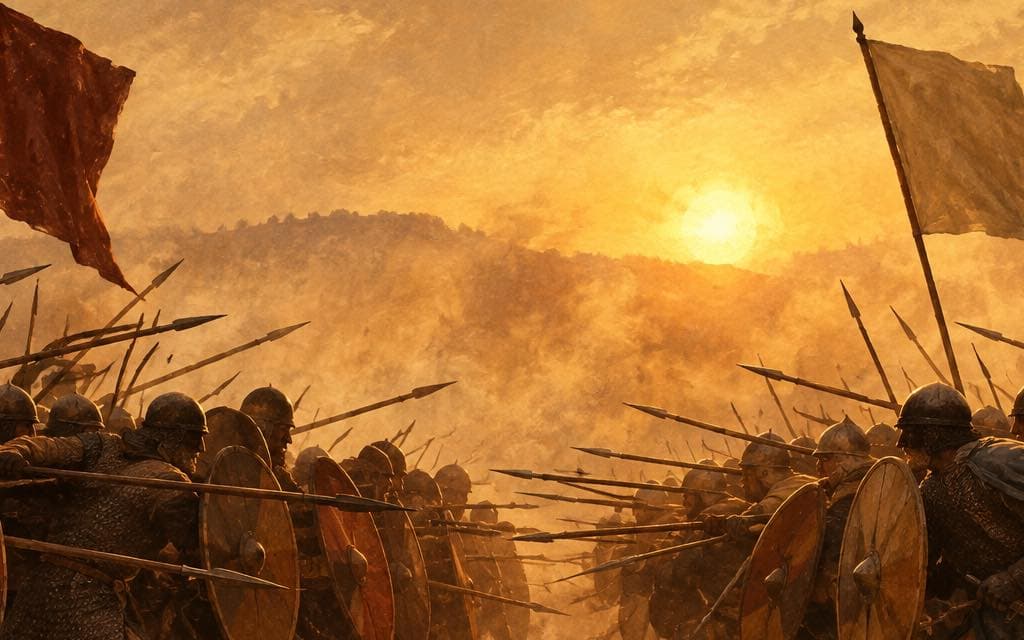 Original painting: two shield walls converging through rising dust at the center of the field, a plain red standard above the left host and a cream standard above the right, the low sun veiled behind the press.