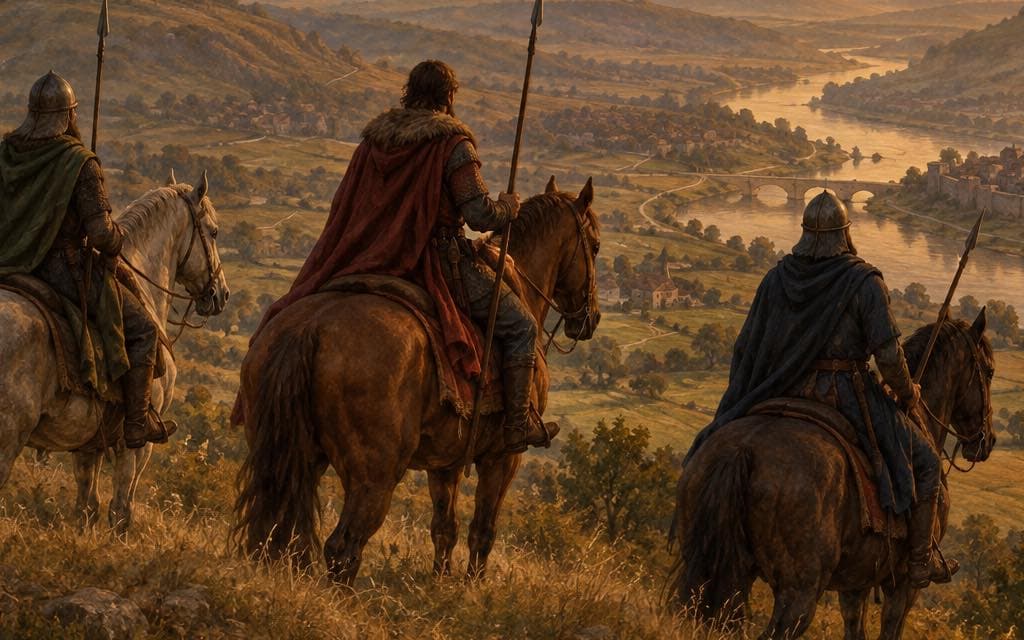 Original painting: three riders seen from behind on a ridge at sunset, surveying a valley below — a winding river, a stone bridge, a walled town with its church spire, and small plain pennants of rival castles on the far hills.