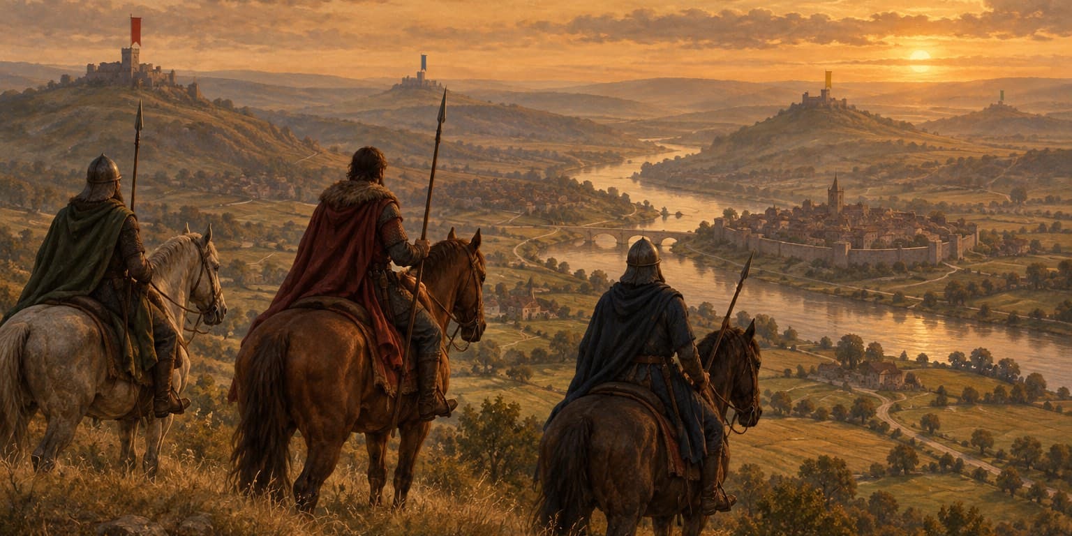 Original painting: three riders seen from behind on a ridge at sunset, surveying a valley below — a winding river, a stone bridge, a walled town with its church spire, and small plain pennants of rival castles on the far hills.