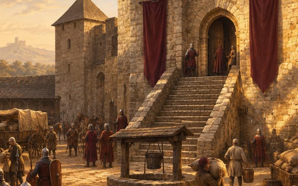 Original painting: a castle courtyard in warm late-day light, stacked spears and shields at left, covered supply wagons and a well at center, and a stone stair rising to an arched keep doorway flanked by two plain crimson banners.
