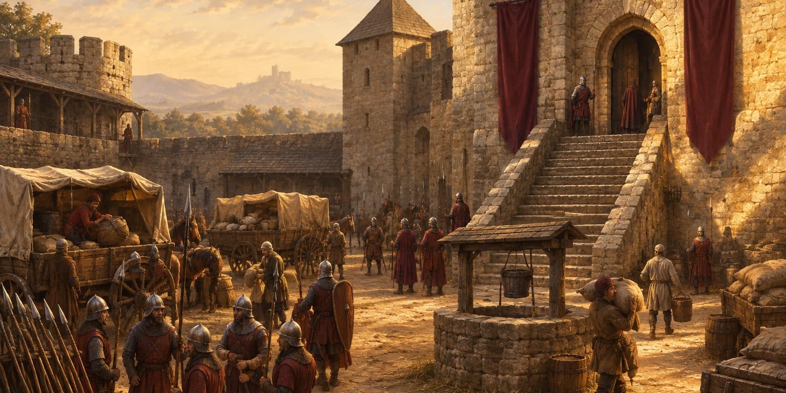 Original painting: a castle courtyard in warm late-day light, stacked spears and shields at left, covered supply wagons and a well at center, and a stone stair rising to an arched keep doorway flanked by two plain crimson banners.