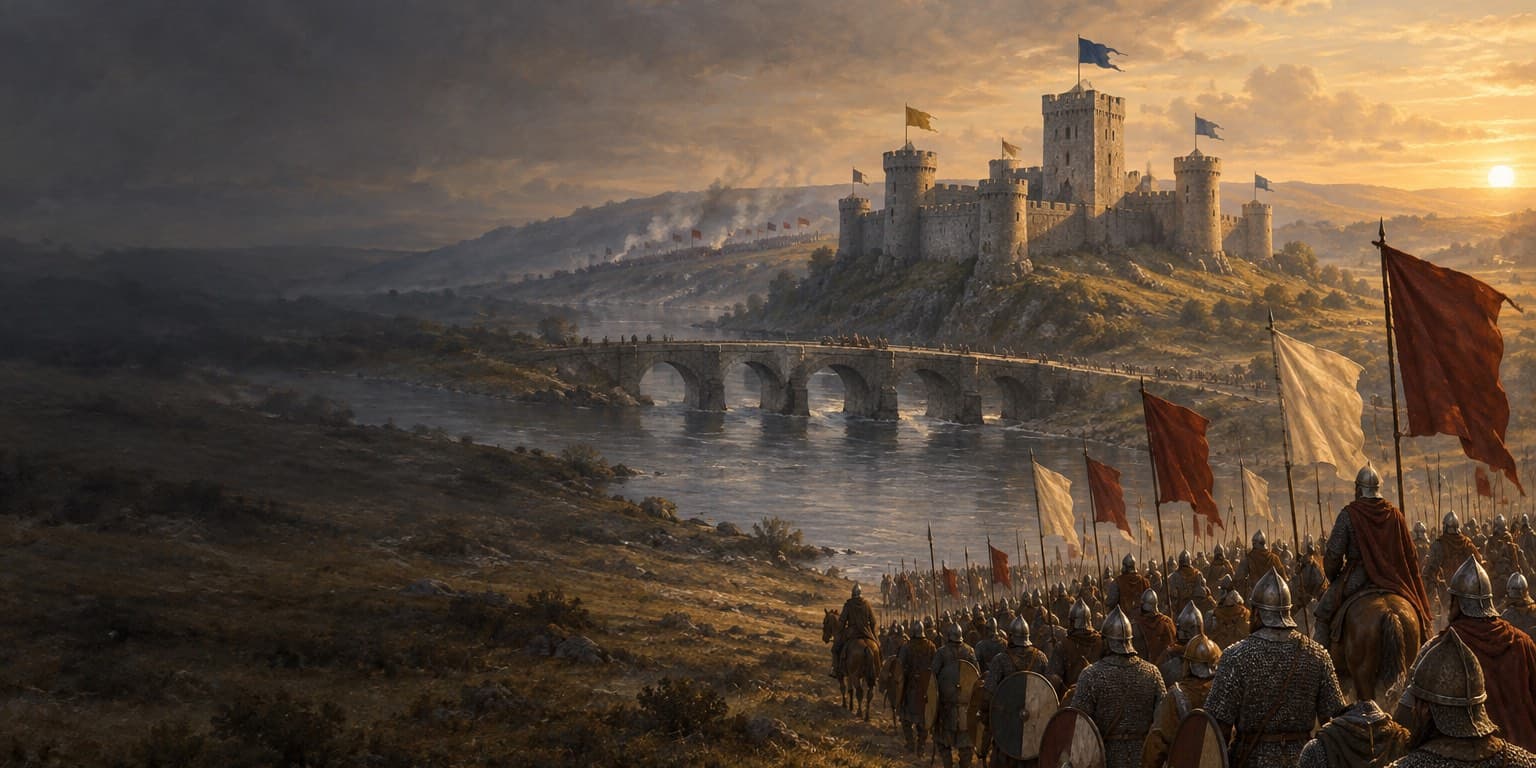 Original painting: a host of footmen and riders with plain oxblood and cream standards advancing along the bank of a slate river toward a stone bridge, a grey stone stronghold flying rival pennants on the rising ground beyond the crossing, woodsmoke drifting over the hazed valley, the low sun at right and the left of the panorama in storm shadow.